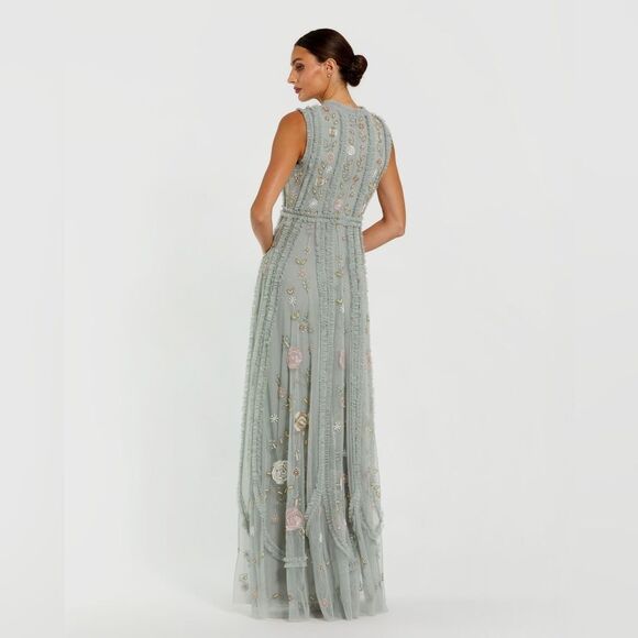 MAC DUGGAL  9360 Green Floral Mesh Sleeveless A Line Micro Ruffle Gown Dress - Picture 4 of 14